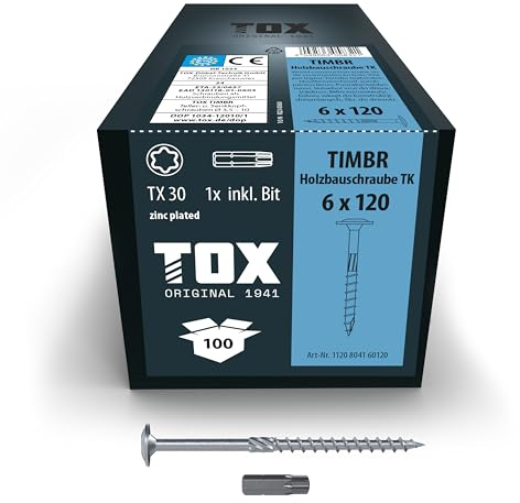 TOX Tornillos para construcción de madera TIMBR TK 6,0 x 120 mm, galvanizados en azul con cabeza de disco, TX30, 100 unidades en una caja, incl. 1x broca, 1120804160120