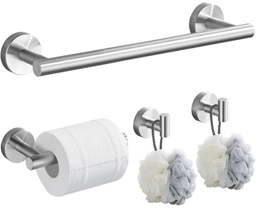 Hoomtaook Porta Asciugamani Bagno 4 Pezzi, Accessori Bagno da Parete, Set di Accessori Acciaio Inossidabile, Portasciugamani da 40cm, Porta Carta Igienica, 2 Ganci per Accappatoio, Nichel Spazzolato