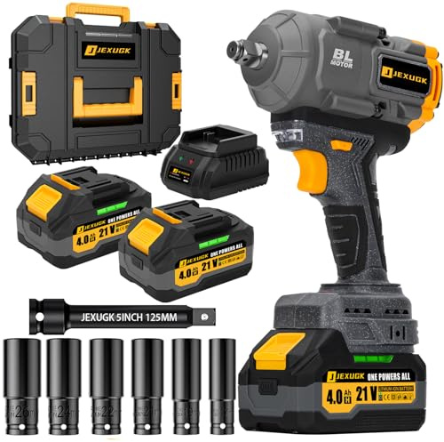 JEXUGK 1500Nm Impact Wrench, 1/2 1107ft-lbs Cordless Impact Gun with 2 x 4.0Ah Battery, 21V High Torque Power Impact Driver with 6 Sockets,Pistola Llave De Impacto for Truck RV Car Heavy Construction