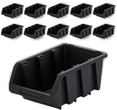 PECZEKO Werkstatt-Stapelkiste, Stapelbox aus PP Kunststoff, Sichtbox Stapelbox, Lagerboxen für Werkzeugswand, Sichtlagerkasten, Sortierbox - Schwarz 10 Stück, 155x100 mm