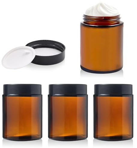 TOKSEO Lot de 4 boîtes vides en verre ambré - 150 ml - Grand pot d'apothicaire - Pot cosmétique - Pot à crème - Verre marron - Avec couvercle et doublure