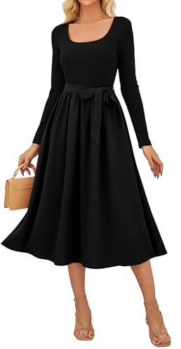 GRACE KARIN Vestito Donna Elegante Linea A Maniche Lunghe Vestito Autunnale da Donna con Cintura Festivo Ospite Matrimonio Vestito a Maglia con Tasche, Nero , XL