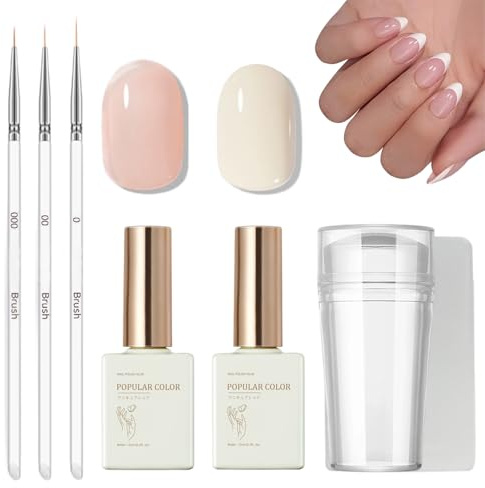 French Manicure Nail Polish Set, Jelly Pink & White Gel Nail Polish Kit with 3Pcs White Tip Nail Pen and French Tip Stamp, French Manicure Kit for Women, Long Lasting UV for Home DIY