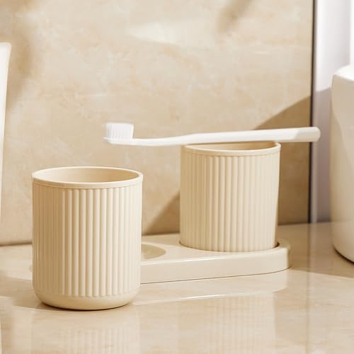 Couple Toothbrush Holder Cup Set with Tray, 2 Pack Beige PET Reusable | Mouthwash Drinking Cups, 3D Stripe Bathroom Counter Organizer for Couples Shared Bathroom