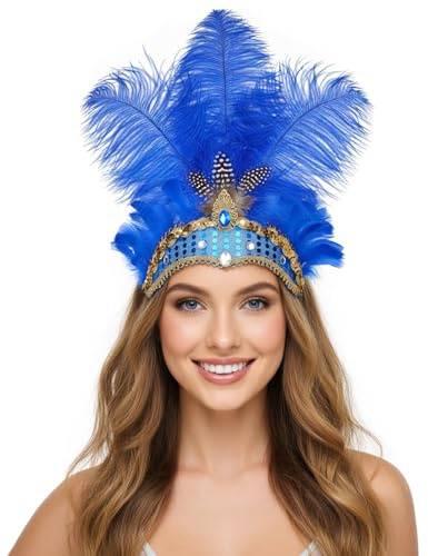 NUXMAW Showgirl - Feather Headband for Carnival, Vegas Costume Accessories, Rio Mardi Gras Party (Blue)