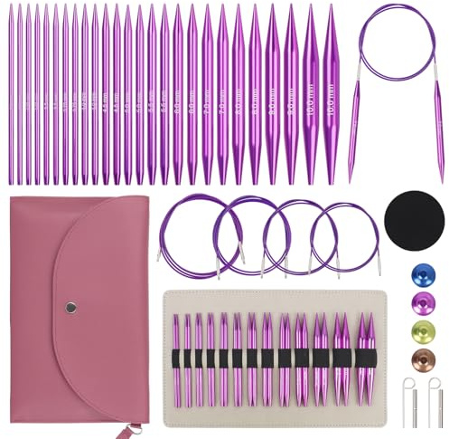 Reessy Circular Knitting Needles Set 3mm-10mm, 13 Pair of Interchangeable Circular Knitting Needles Set with Case & Accessories, Metal Knitting Needle UK for Smooth Knit & Versatile Projects-Purple