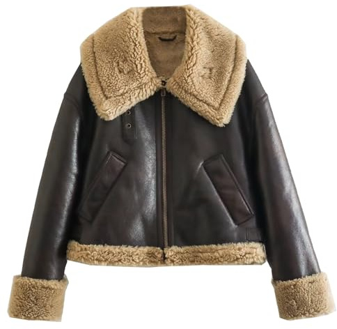 Obelunrp Chaqueta de cuero con piel para mujer, chaqueta de piel de moda, abrigo corto cálido con solapa y cremallera, regalo para mujer y niña, decoración navideña
