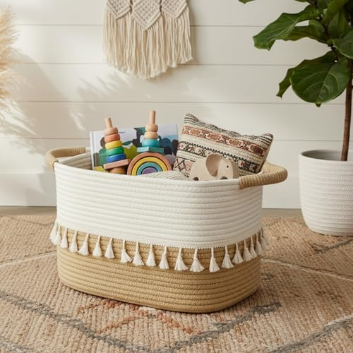 TeoKJ Aufbewahrungskorb, Korb geflochten mit Henkeln, vielseitiger Korb Aufbewahrung für Wäsche, Decken & Spielzeug, dekorativer Basket für Wohnzimmer, Schlafzimmer, Bad & Kinderzimmer Weiß&Jute