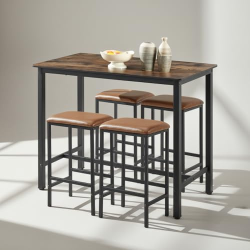 anrekl Ensemble de 5 Tables de Salle à Manger en marbre avec 4 tabourets de Bar, Table 120x60x90.5cm, chaises 29x39x64.5cm, Marron