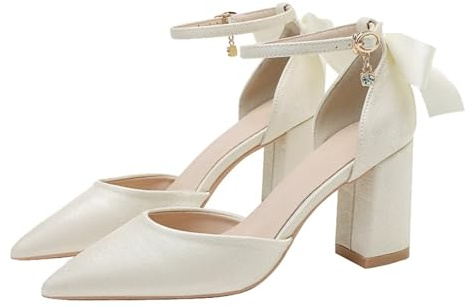 Zapatos de Tacón Mujer con Tacón Ancho, Correa al Tobillo, Lazo Elegantes Zapatos de Novia Punta Fina para Boda y Fiesta, Cómodos 5/7 cm