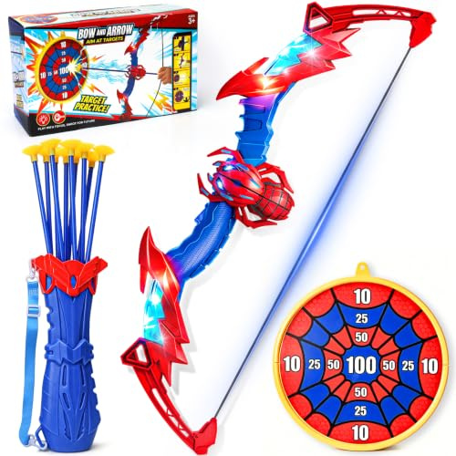 Toys for 3 4 5 6 7 8 Year Old Boys: Kids Bow and Arrow Set with LED Light Up, 10 Suction Cup Arrows, Web Target & Quiver, Superhero Archery Toy, Outdoor Garden Games, Birthday Gifts for Boys Girls