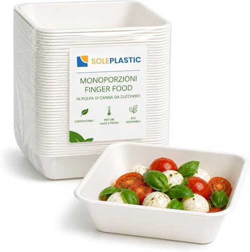 SOLEPLASTIC 50 Ciotoline per Aperitivo - Monoporzioni RIUTILIZZABILI Finger Food in Polpa di Canna da Zucchero (6,5 x 6,5) - Ciotole Aperitivo Eleganti per Catering, Buffet, Aperitivi, Dolci e Salati