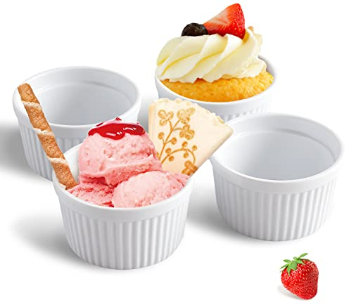 Cinf White 14 oz Set of 4 Souffle Dishes Ramekins Oven Microwave Safe Bowls Creme Brulee Set Sauce Cups for Baking Cooking Dessert Porcelain Pudding Cups