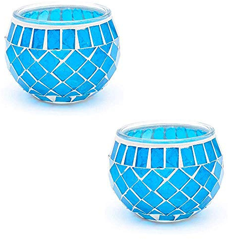 Vintage Jar Mosaic Glass Candle Holders - Romantic Tea Light Holders for Home Decoration - Upto 8 Hour Burn - Blue Twin Pack