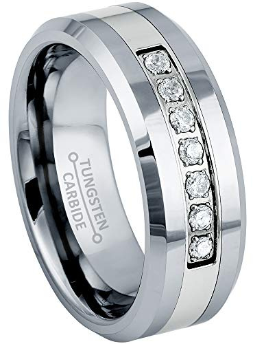 Jewelry Avalanche 7-stone Prong Set Diamond Simulated CZ Mens Tungsten Carbide Wedding Band - Polished Beveled Comfort Fit Tungsten Anniversary Ring #772s9