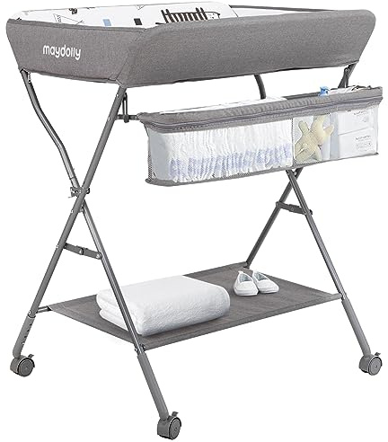 Baby Changing Table with Wheels, Maydolly Portable Adjustable Height Folding Diaper Station with Nursery Organizer & Storage Rack for Newborn Baby and Infant (Light Grey)