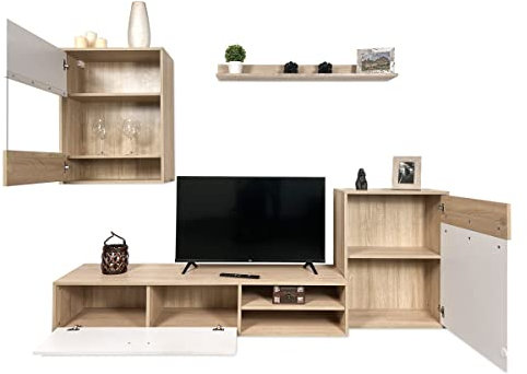 Mattfy - Set de Muebles de Salón Moderno, Módulos de Comedor, Modelo Magda, Acabado en Blanco y Cambria, Medidas: 220 cm (Ancho) x 100 cm (Alto) 40,5 cm (Fondo)