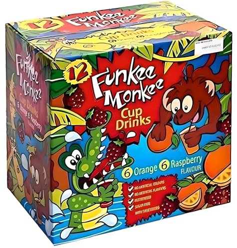 DIVAS SPIRITUAL Funkee Monkee Drink Cups 12 x 200ml Single Box Set with Paper Straws, Orange & Raspberry Flavors