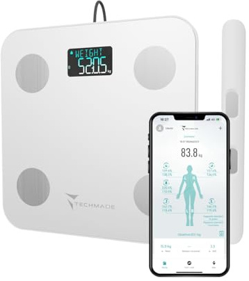 TECHMADE - Bilancia Impedenziometrica Intelligente | 8 Sensori di Precisione | Analisi Corporea e Muscolare | App Dedicata e Multiutente | Elettrodi su Superficie e Manubri, Bianco, Vetro Temperato