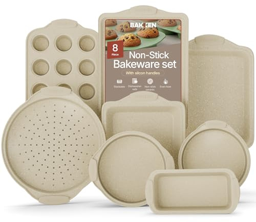 BAKKENMASTER Deluxe 8-Piece Carbon Steel Bakeware Set - Nonstick White Marble Coating, Silicone Handles - Professional Quality Kitchen Oven Baking Pans