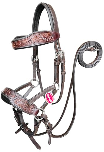 Kayfcrafts Oiled Leather Horse Side Pull Bitless Bridle Full Leather Reins (Brown with Light Antique Work, Pony)