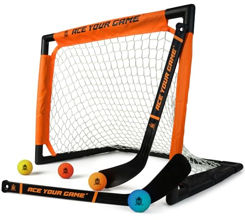 ACE HOCKEY - Shinny Hockey Set - Complete 2-Player Indoor/Outdoor Kit - Knee Hockey Goal Set (1) Goal, (2) Mini Sticks, and (4) Foam Balls - Mini Hockey Set