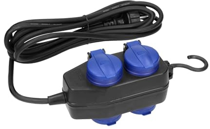 Mehrfachsteckdose Außen IP44 4-Fach mit Haken - Robuste Werkstatt Steckdose Schuko Gummikabel 5m - Spritzwassergeschützte Baustellen Stromverteiler Schwarz