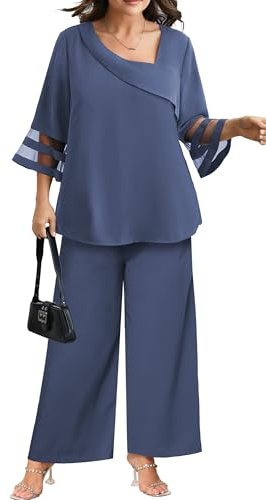 AOVDE Plus Size Pant Suits 2 Piece Casual Dressy Pantsuits Mesh Panel Bell Sleeve Outfits for Women Evening Dinner Party, Grayish Blue, 24 Plus