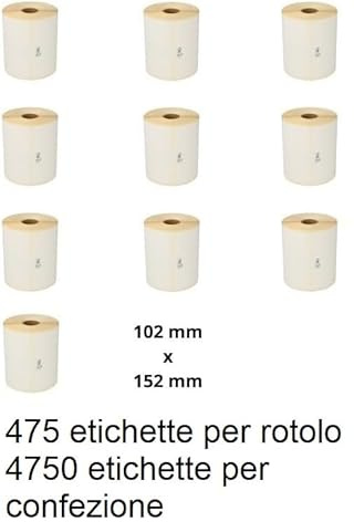 CF. 10 rotoli di etichette termiche, 102 mm x 152 mm, 475 pezzi per ogni rotolo, compatibili con Zebra e altre stampanti [10 rotoli/4750 etichette]