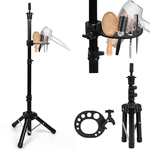 Support pour perruque à trépied, support renforcé en métal pour tête de mannequin avec plateau à outils, hauteur réglable de 45 à 119 cm, support pour tête de mannequin pour coiffure (Black)