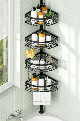 KEGII Etagere Douche Telescopique - 4 Paniers Etagere Douche + Serviette | Noir, Sans Perçage, Réglable 63,5-290 cm, Crochets U, Porte-serviette, Barrières Hautes, Évacuation, Inox, Forme Éventail