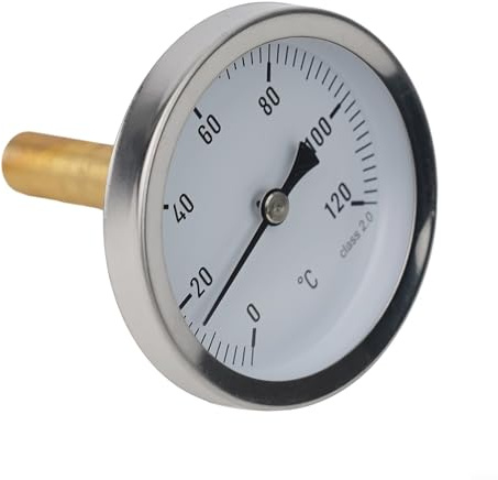 HanOaki Thermomètre bimétallique 63 mm pour chauffage de chaudière avec gaine en cuivre 1/2 à visser 0-120 °C Boîtier en acier inoxydable Manchon en laiton