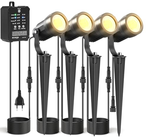 HIBOITEC 4 st trädgårdsbelysningssats, 5 W, dimbara trädgårdslampor, strömförsörjning, 2 700 K varmvita utomhusspotlights med 40 W transformator och kontakter, IP65 vattentät trädgårdsbelysning