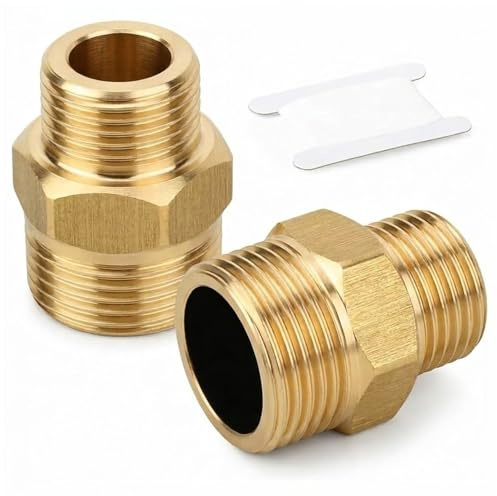 QZKJQDD 3/4 to 1/2 Brass Hex Nipple Connector, 2 Pcs External Thread Brass Hex Double Nipple Reducing Connector 3/4 Male to 1/2 Male BSP Nipples Fitting Water Pipe Reducer for Pipe, with Tape