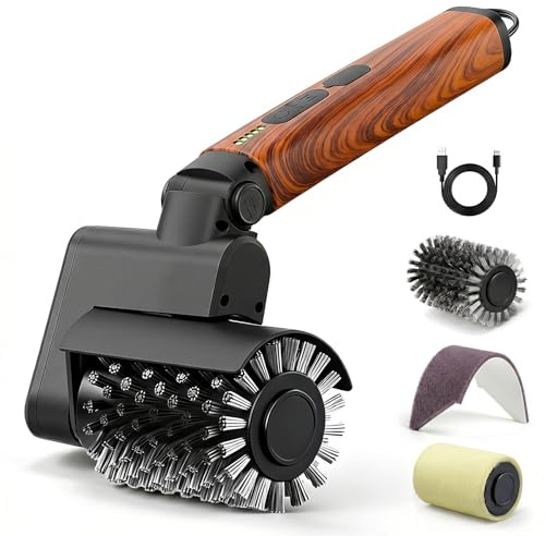 Set de brosse de barbecue électrique 3 en 1 (Revêtement en bois rouge) | Sans fil, rechargeable, imperméable, nettoyant pour barbecue, accessoire de barbecue professionnel