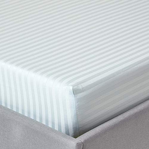 HOMESCAPES Damast Spannbettlaken 180x200 cm Aqua mit Satin-Streifen, 100% ägyptische Baumwolle, Betttuch mit Gummizug, Fadendichte 330