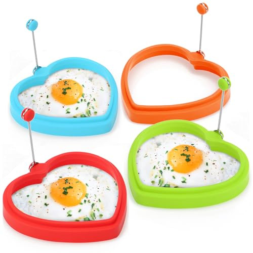 COM-FOUR® 4x omelettformad hjärta, för stekt ägg och pannkaka, silikonhjärta med värmeskyddshandtag - stekpanna för omelettpannor (04x silikon hjärtgrön/blå/gul/röd)