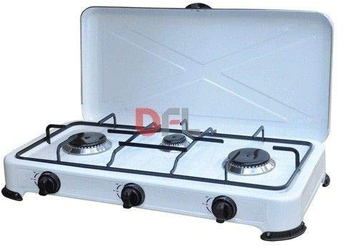 Hornillo de gas de acero inoxidable 3 fuegos portátil con tapa para camping y jardín