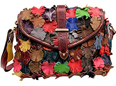 Segater® Mehrfarbig Floral Rind Leder-Umhängetasche für Damen, Vintage Rindsleder Handtasche Blumenmuster 3D Schultertaschen Damen Reisetasche mit Henkeltasche Patchwork bunte Geldbörsen Henkeltaschen