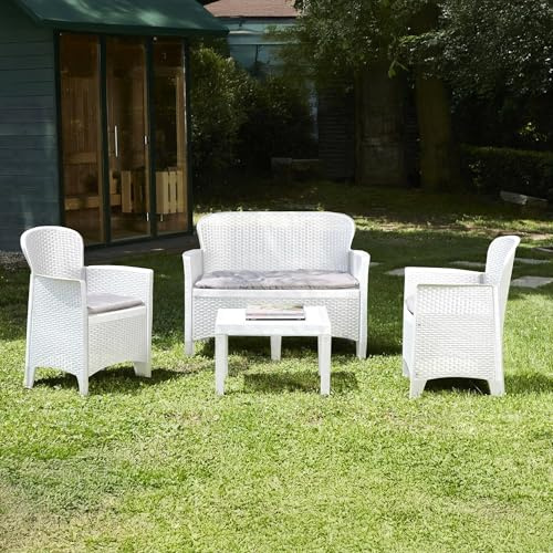 Dmora - Set salotto da esterno Ostuni, Set da giardino con 2 poltrone, 1 divano ed 1 tavolino, Salottino effetto rattan con cuscini, 100% Made in Italy, Bianco