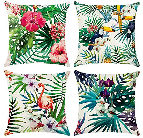 Hongtellor Cushion Covers 45 x 45 cm，Set of 4 pillow cover Cotton and Linen Pillow case Cushion Covers for Sofa garden bed couch cushions(Flower-7)