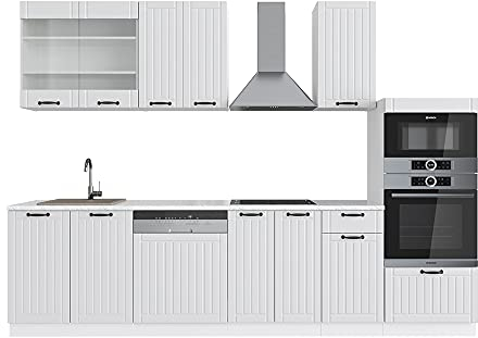 Vicco Küchenzeile Fame-Line, Weiß Landhaus/Weiß, 300 cm mit Hochschrank, ohne Arbeitsplatte