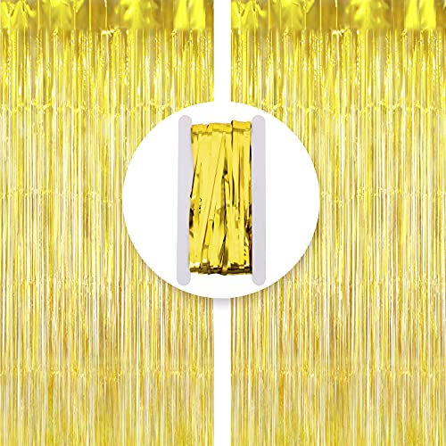Metallic Tinsel Curtains, SMALUCK 2 Pack Tinsel Foil Fringe Curtains Metallic Photo Booth Backdrops Party Supplies for Birthday Wedding Christmas Baby Shower Party Decorations (Gold)