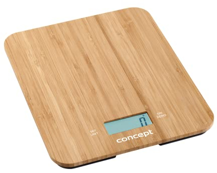 CONCEPT Hausgeräte VK5714 - Bilancia da cucina, linea di prodotti BAMBOO, indicatore tempo, timer, portata fino a 15 kg, display LCD, anche per fissaggio a parete, in bambù