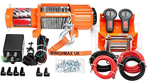 WINCHMAX 5,000lb (2,268kg) Original Orange 12v Electric Winch. 15.2m x 6.3mm Steel Rope, 1/4 Inch Clevis Hook, Twin Remote Controls.