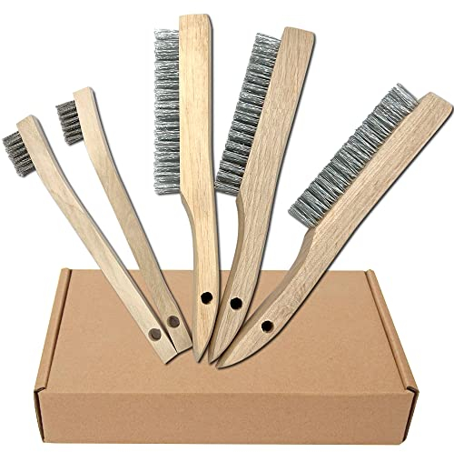 NICAVKIT 5-tlg Handdrahtbürste Set , Drahtbürsten mit Holzgriff, 3 x groß Edelstahlbürste 250 mm, 2 x Klein Edelstahlbürste 205 mm , Metallbürste Handdrahtbürstensatz für Metall, Holz, Grill