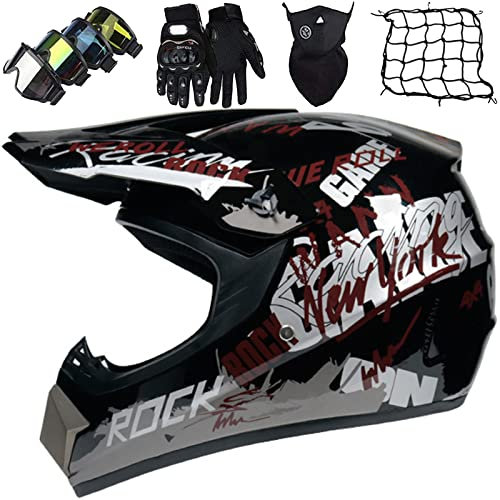 Casques de Motocross ATV Dirt Bike BMX Downhill Off-Road Enduro Casque ECE Homologué Casque Intégral Homme Femme Enfant Avec Gants/Lunettes/Masques/Filet de Casque (S-XL, 52-59CM)