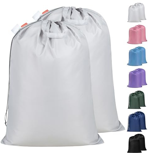 Polecasa Extra Heavy Duty Large Laundry Bag with Sturdy Handles and Drawstring Closure, 2 Pack 28 x 36 inches Durable Storage Bags for Basket, Hamper, College, Dorm, Travel, Silver