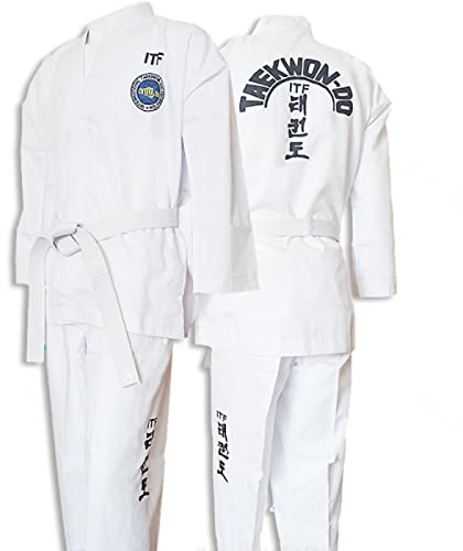 ITF Taekwondo Uniform Kinder Erwachsene Gestreifter Stoff Karate Gi Judo Anzug für Wettkampf und Training,White-130
