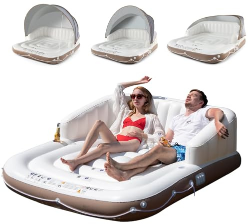LIFEZEAL Flotador Hinchable con Techo Retráctil, Isla Acuática Inflable para 2 Personas, Flotador de Piscina con UPF50+, colchoneta Piscina con toldo Desmontable, Carga de Capacidad 200kg